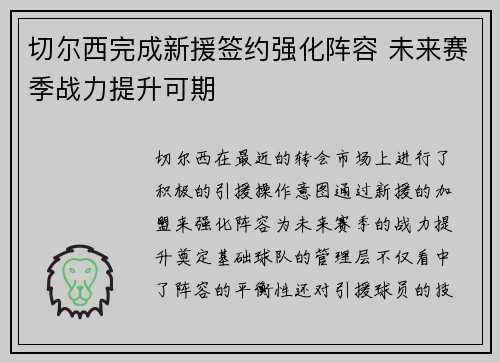 切尔西完成新援签约强化阵容 未来赛季战力提升可期 切尔西完成新援签约强化阵容 未来赛季战力提升可期